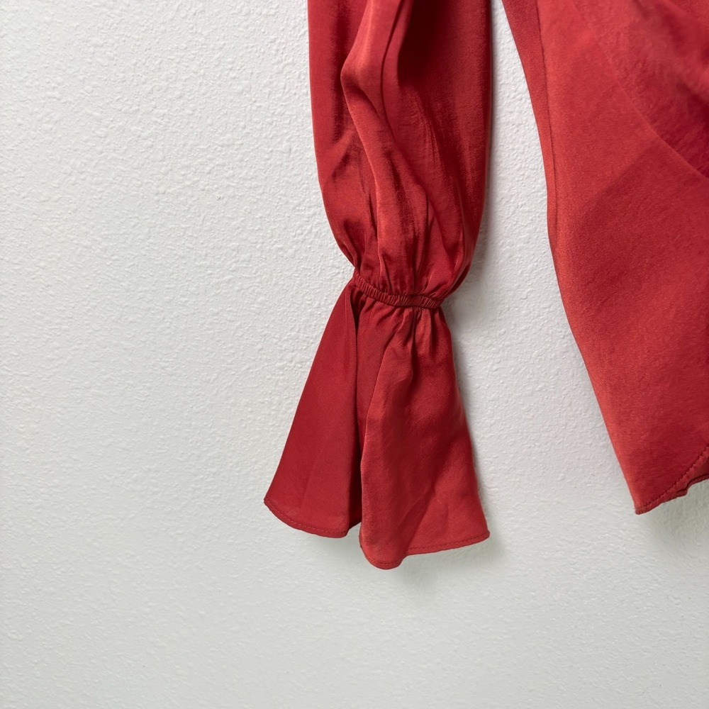 Lebôh Button Front Blouse SIze PP Orange Rust Satin Flounce Long Sleeve Top - Picture 3 of 11